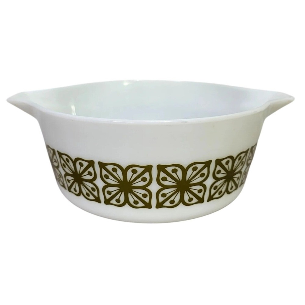 Pyrex 475-B Verde Olive Green Floral‎ 2.5 Qt Cinderella Casserole Dish Bowl USA